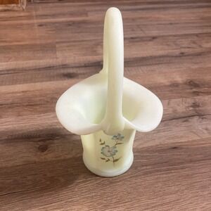 Fenton Uranium Custard Satin Glass Hand Painted Flowers Yellow Basket Signed